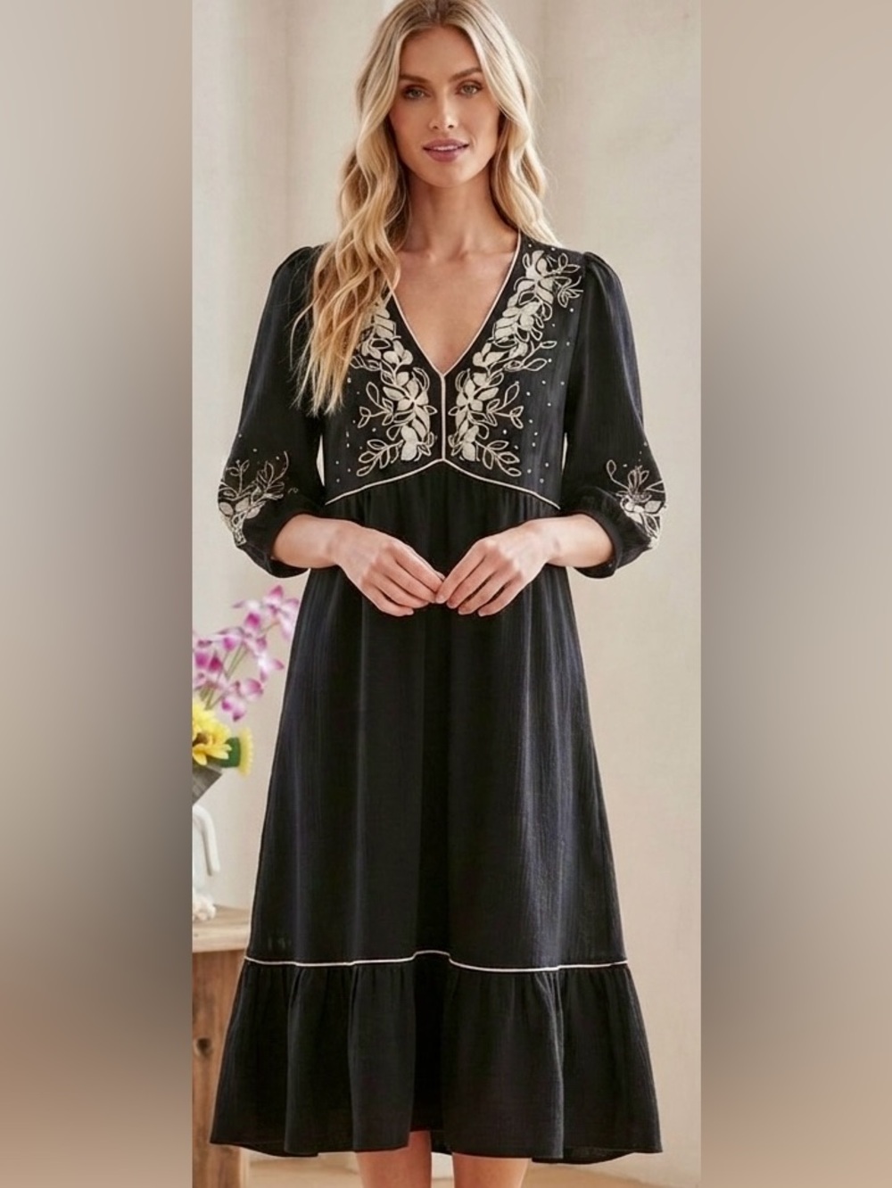 Figueroa &Flower Black Embroidered V-Neck Midi Dress with Ivory Floral Detail